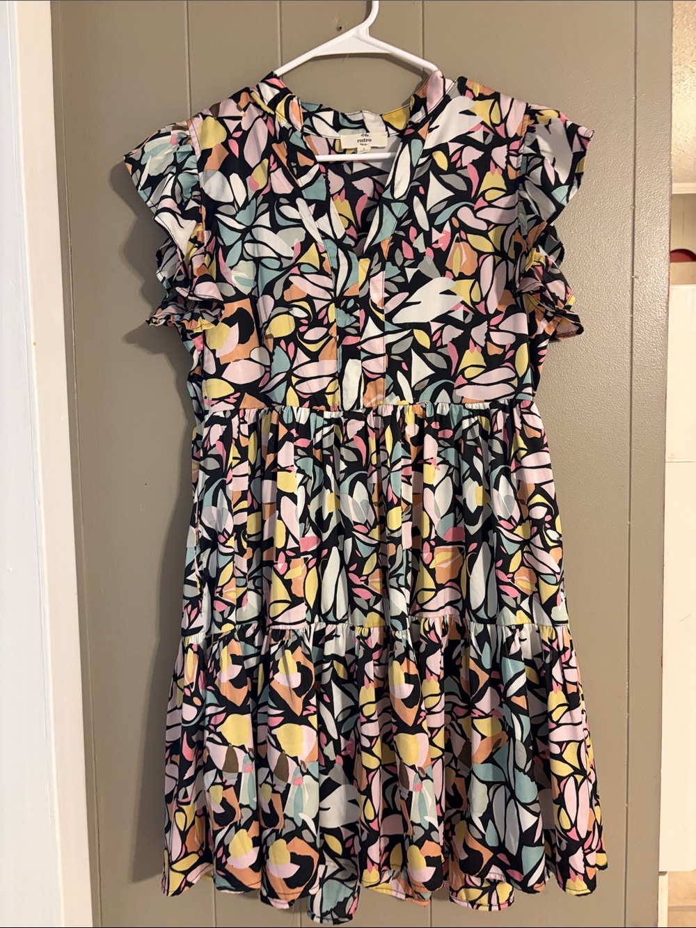 entro Black Abstract Floral Tiered Dress with Pink Yellow & Blue Accents